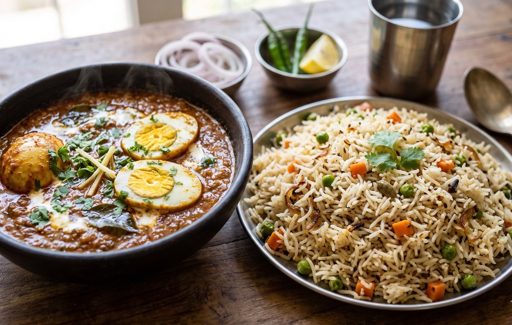 Sindhi egg curry and pulav combo