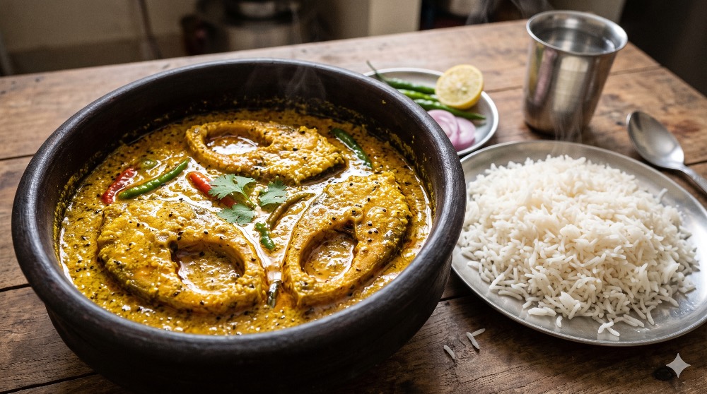 Mustard fish curry (rahu) rice thali