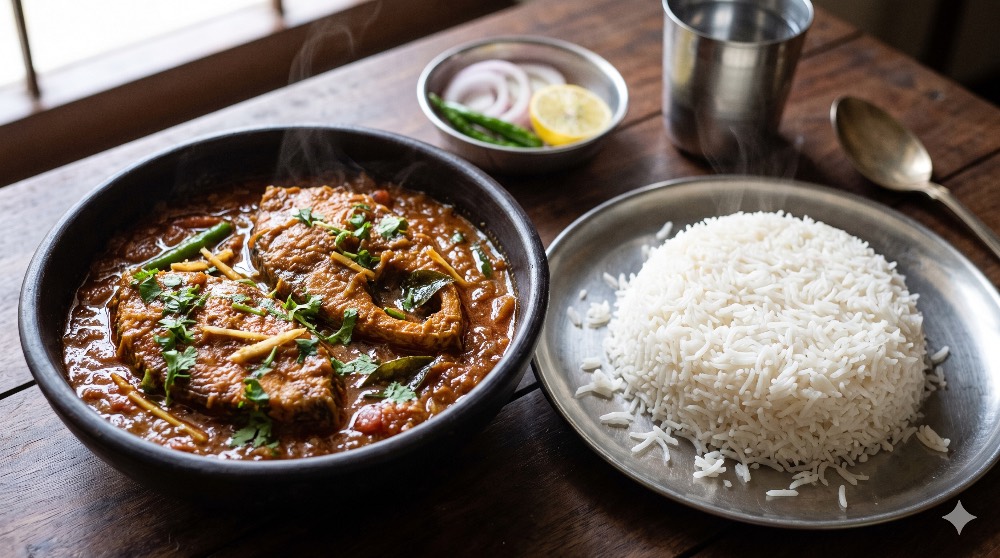 Masala fish curry (rohu) rice thali
