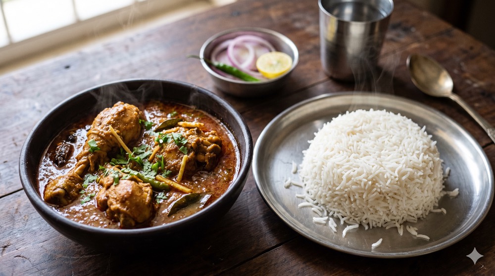 Desi chicken curry with rice