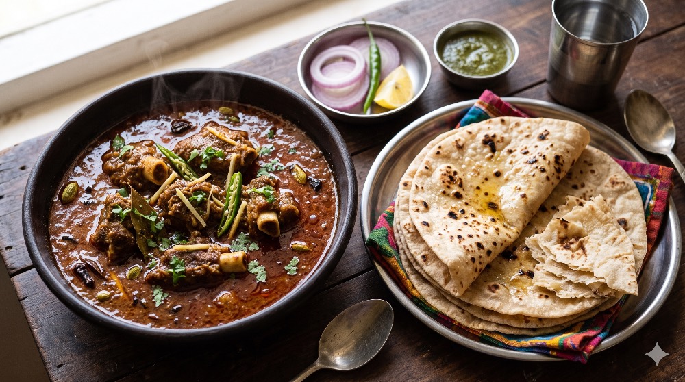 Desi style mutton curry (2 pc) with roti