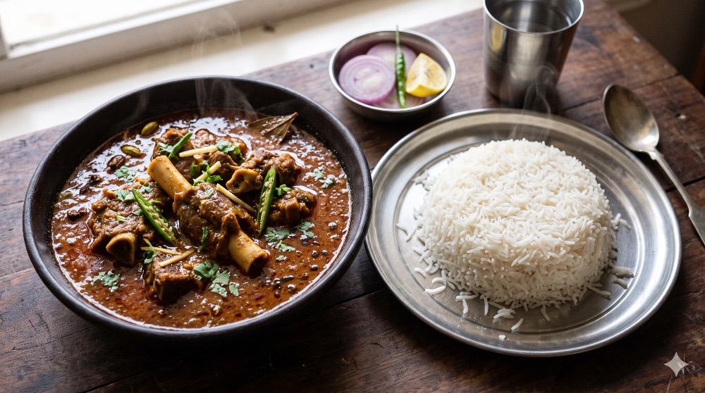 Desi style mutton curry with rice combo
