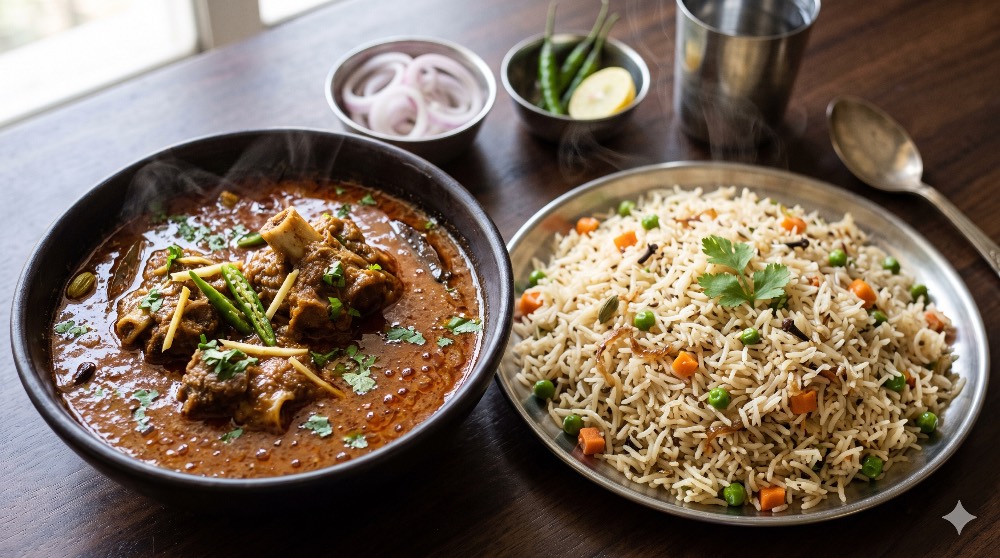 Desi mutton curry (2pc) and pulav combo