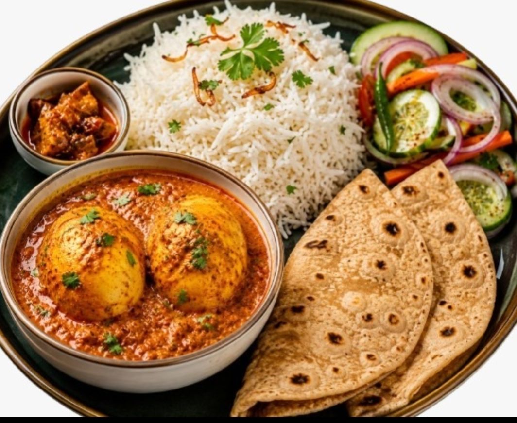 Egg Curry (2 Pc) with Basmati Rice, 4 Chapati, Pickle & Fresh Salad